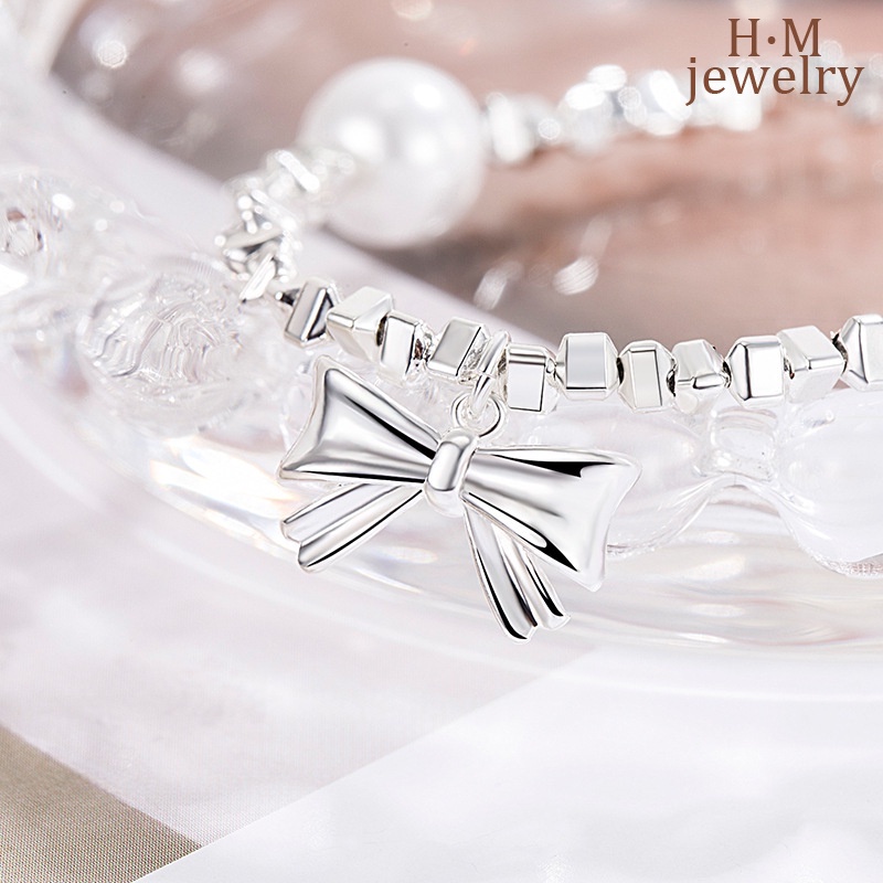 Vòng Tay Mạ Bạc 925 Hình Nơ Đính Ngọc Trai Đơn Giản Dễ Phối Đồ