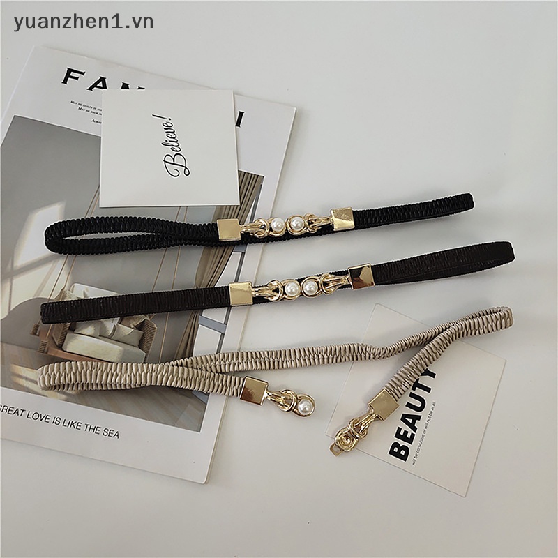 Thắt Lưng Bản Nhỏ Co Giãn Hai Khóa Ngọc Trai Thanh Lịch Cho Nữ