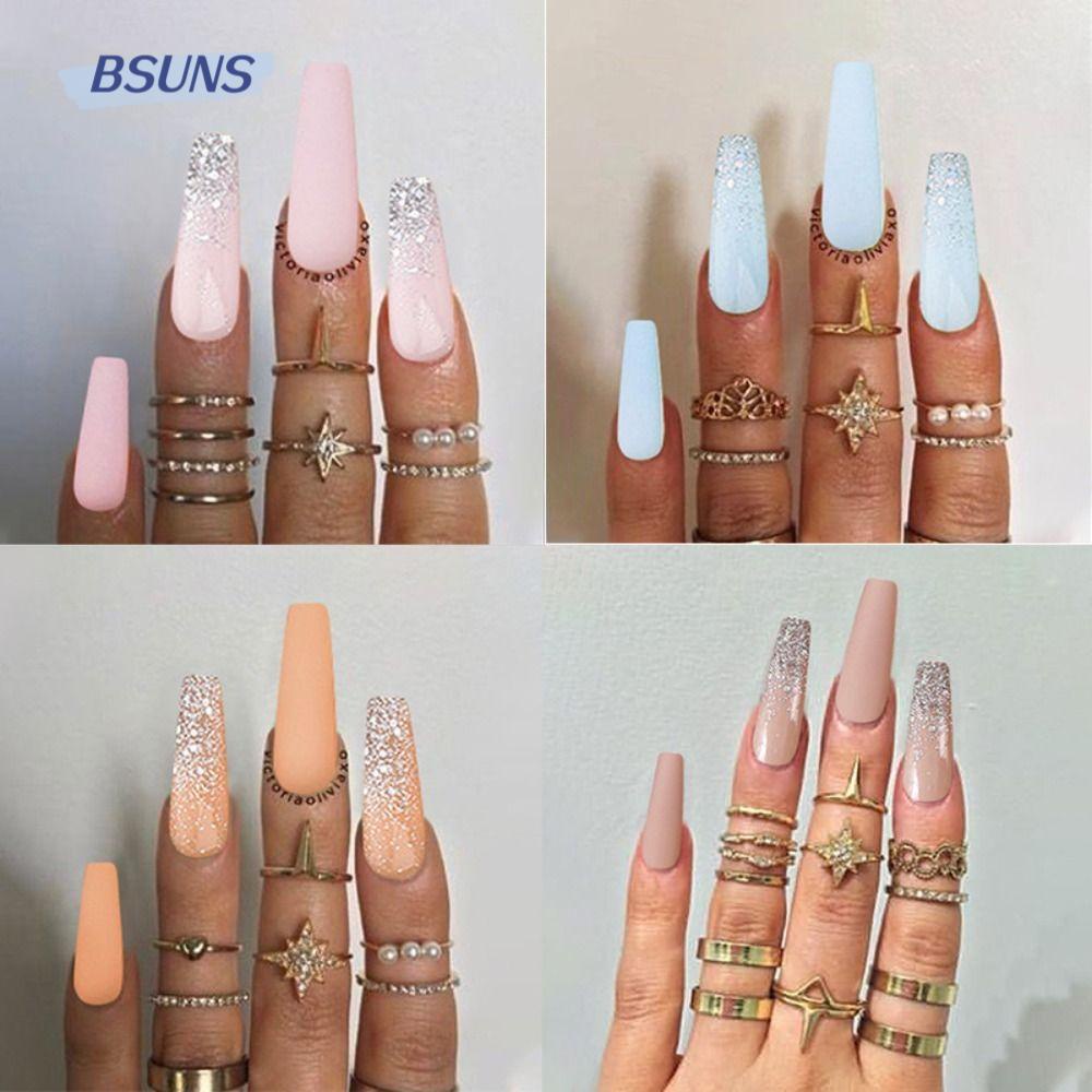 BSUNS Bộ 24 Móng Tay Giả Màu Trơn Che Phủ Toàn Diện DIY