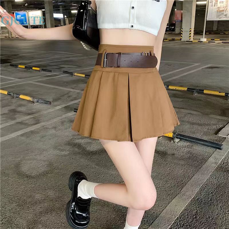 Chân Váy Kaki Mini Xếp Ly Màu Trơn Phối Thắt Lưng Y2k Preppy WTD