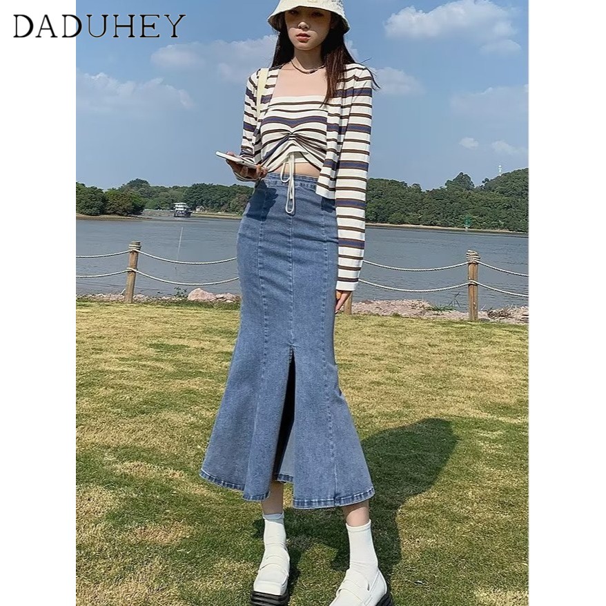 Chân váy denim DADUHEY ôm hông phối túi size lớn kiểu chữ A cạp cao xẻ tà retro thời trang phong cách Hàn Quốc