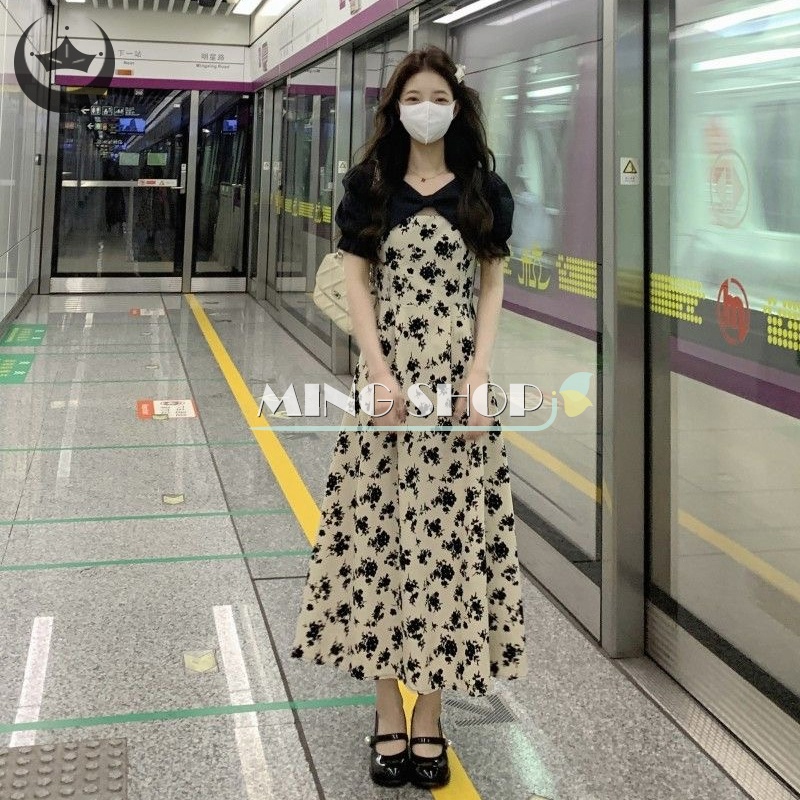 Đầm Midi Tay Phồng In Hoa Thời Trang Mùa Hè Hàn Quốc Thanh Lịch Cho Nữ