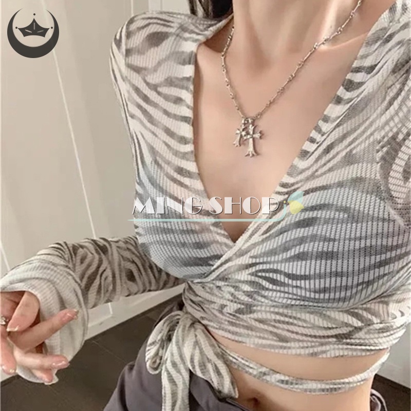 Áo Croptop Tay Dài Cổ Chữ V Màu Nhuộm Dáng Ôm Thời Trang Mùa Hè Dành Cho Nữ