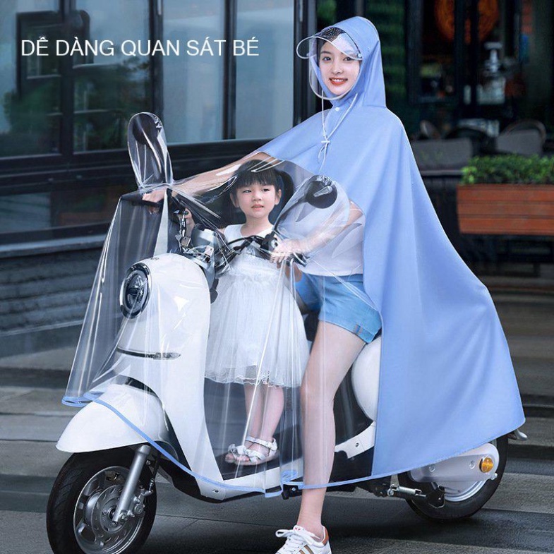 Áo Mưa Đi Xe Máy Trong Suốt Cao Cấp Cho Mẹ Và Bé, Vành Đôi Chắn Nước, Dễ Dàng Sử Dụng Điện Thoại