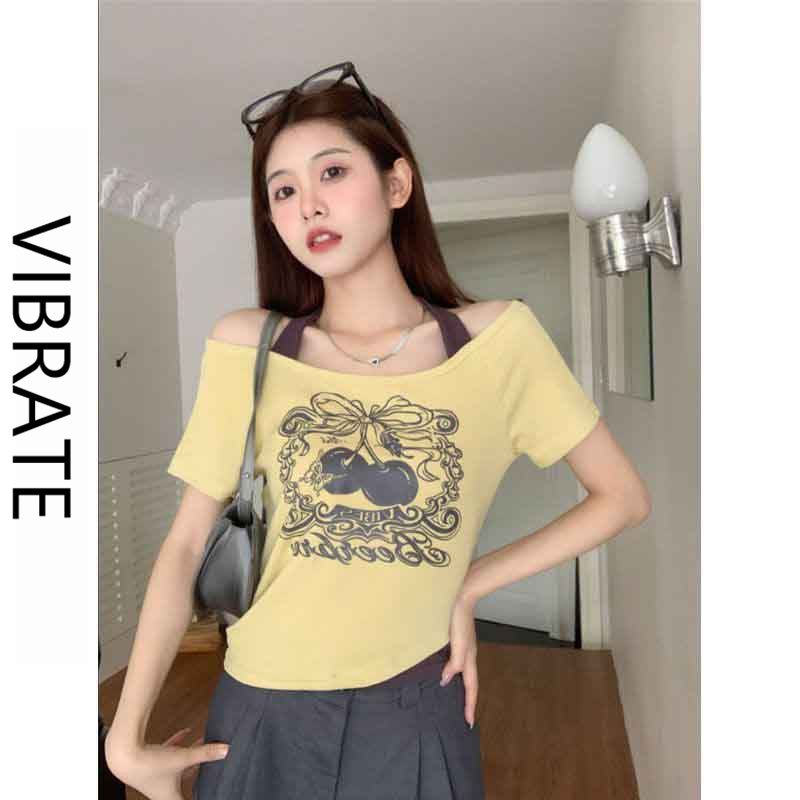 Áo Thun Ngắn Tay Giả Hai Lớp Màu Sắc Tương Phản Phong Cách Retro Mỹ Cho Nữ