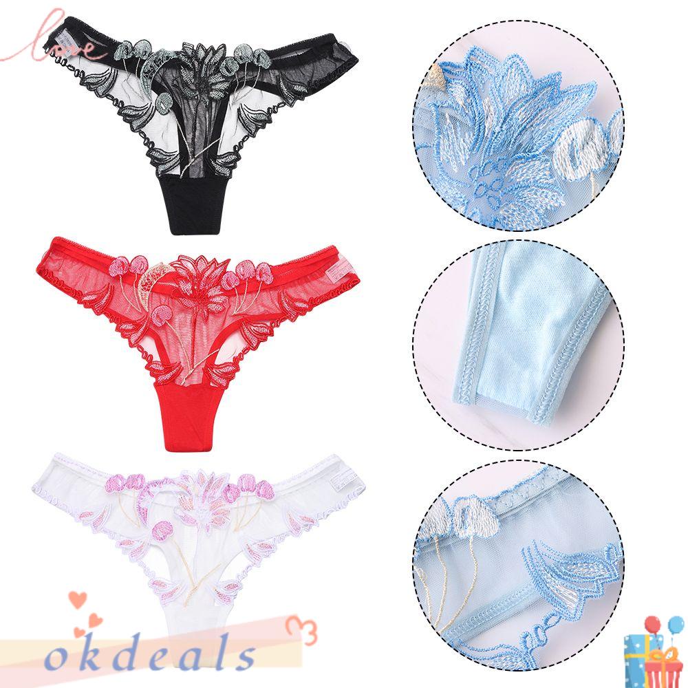 OKDEALS Quần Lót Lưng Thấp Thoáng Khí Thêu Họa Tiết Xinh Xắn Cho Nữ