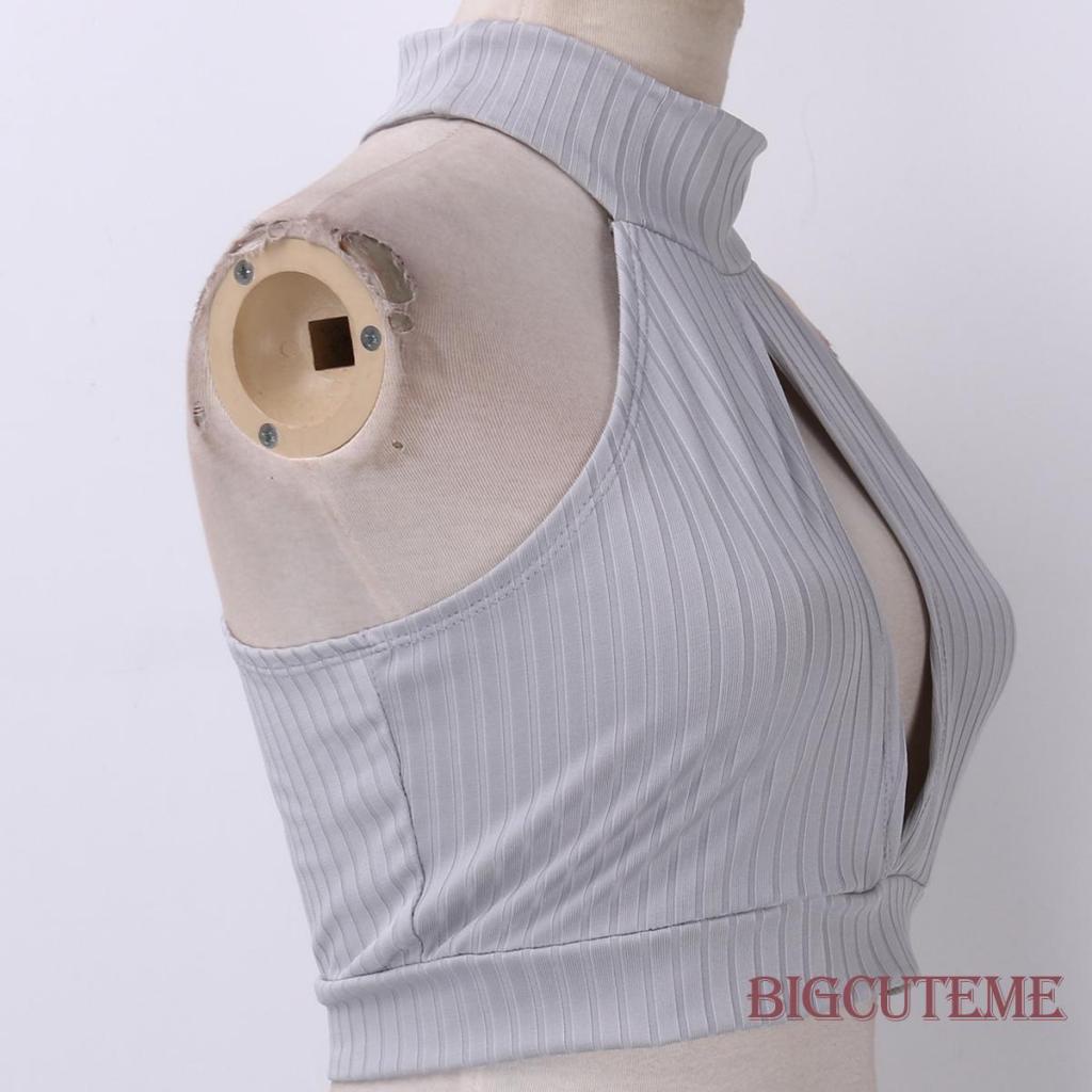 Áo Croptop Dệt Kim Cổ Lọ Không Tay Hở Lưng Màu Sắc Đơn Giản Cho Nữ