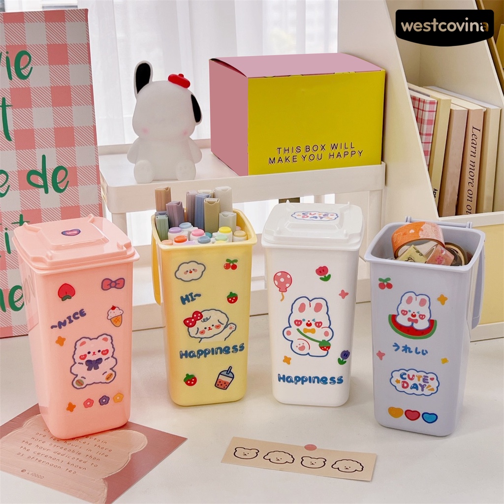 [WSTN] [WSTN]✎Thùng Rác Để Bàn Cỡ Lớn In Họa Tiết Hoạt Hình Có Nắp Đậy Tiện Dụng Ốp