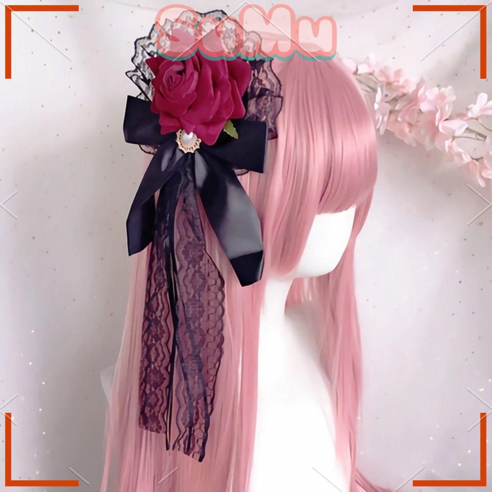 SUMU Kẹp Tóc Nơ Phối Ren Hoa Hồng Dễ Thương Dùng Hóa Trang