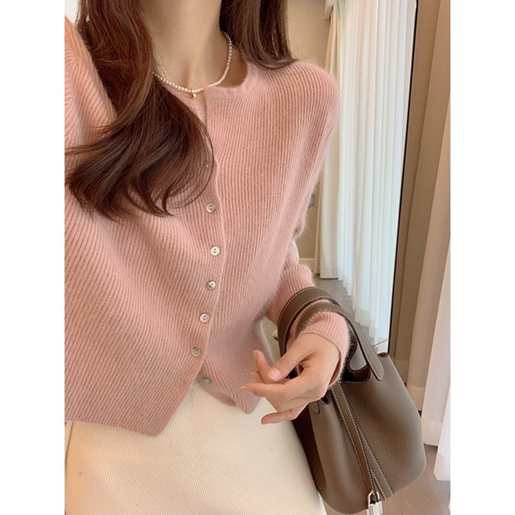French retro lazy style knitted cardigan Women's Spring and Autumn New tight round neck base long sleeve top winter MC ornament XP5E