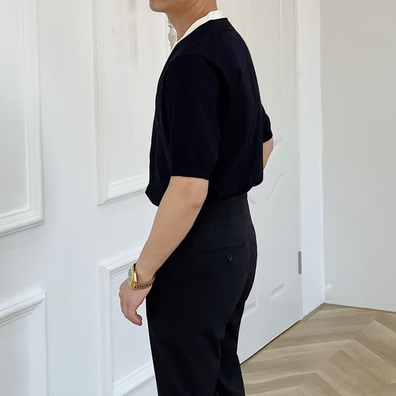 Áo Thun Tay Ngắn Giả Hai Lớp Cổ Chữ V Màu Sắc Tương Phản Phong Cách Hàn Quốc Thời Trang Xuân Hè Cho Nam