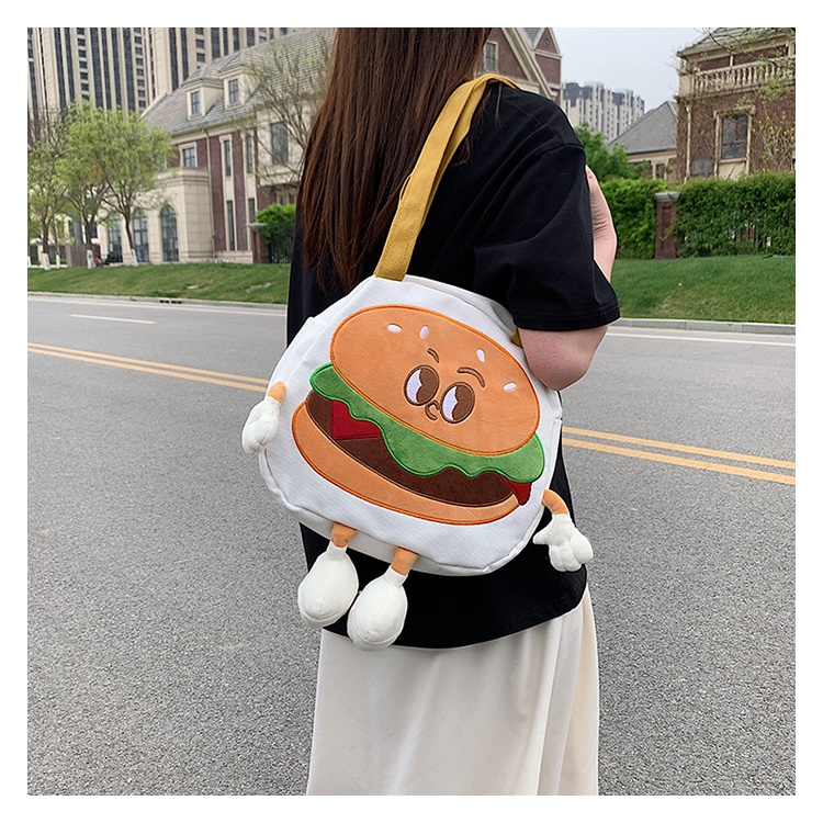 Túi Xách Đeo Vai Vải Canvas Mềm In Hoạt Hình hamburger Nhật Bản Dễ Thương Cho Nữ