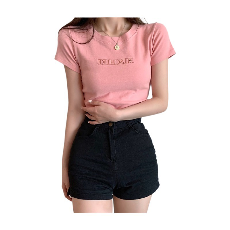 Áo Thun Ngắn Tay Thêu Họa Tiết Thời Trang Hàn Quốc Cho Nữ