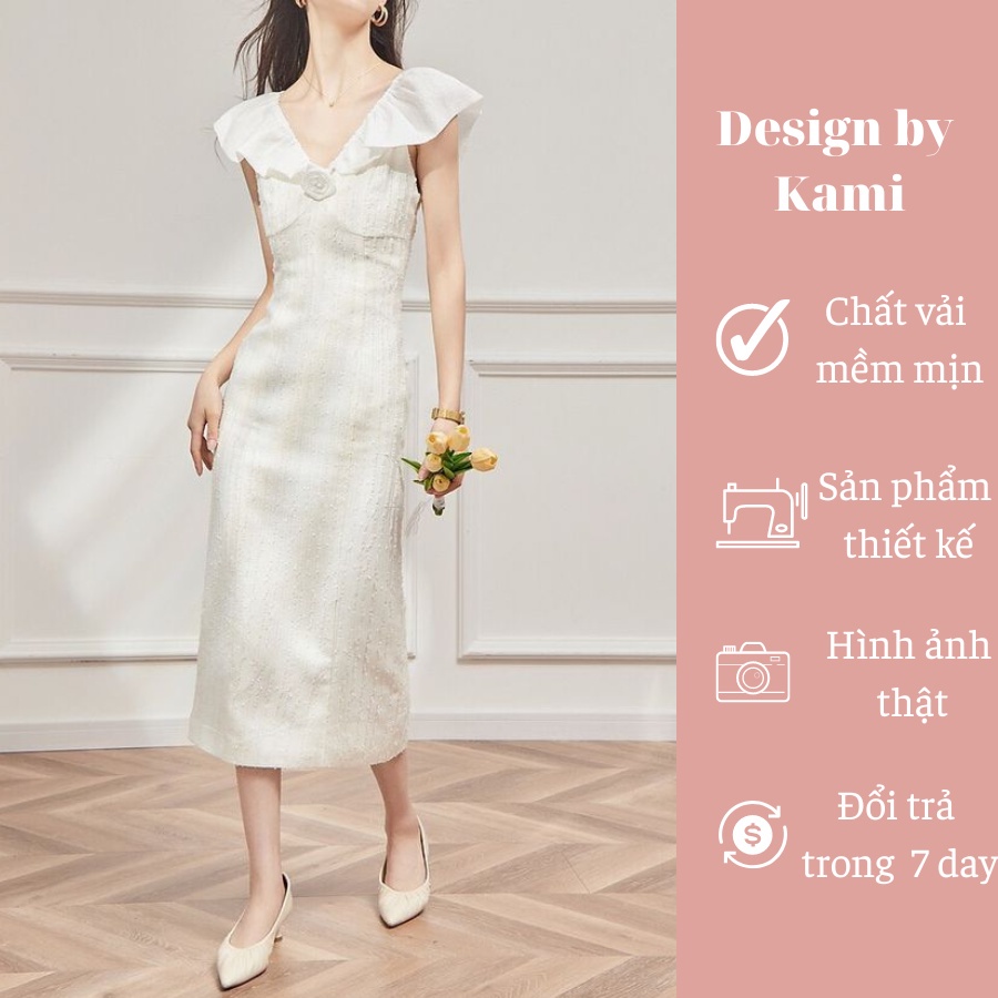 Váy trắng hai dây trễ vai dáng dài form ôm xẻ sau phối hoa ngực Joky size S M L XL- Design by Kami