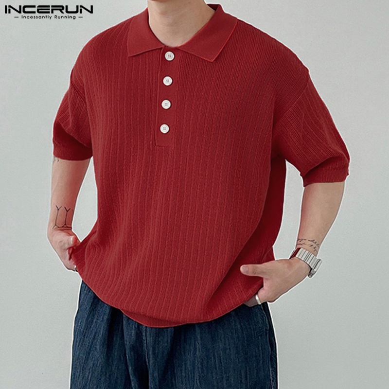 INCERUN Áo Thun Polo Dệt Kim Tay Ngắn Cổ Bẻ Phong Cách Hàn Quốc Cho Nam Giới
