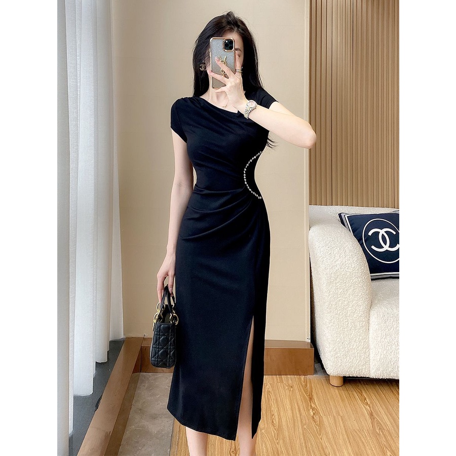 Đầm Dài Dáng Ôm Eo Cao Màu Đen Thời Trang Mùa Hè Sang Trọng Cho Nữ