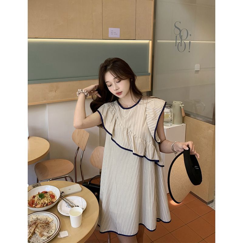 Đầm Không Tay Nhún Bèo Họa Tiết Kẻ Sọc Phong Cách Hàn Quốc Cho Nữ