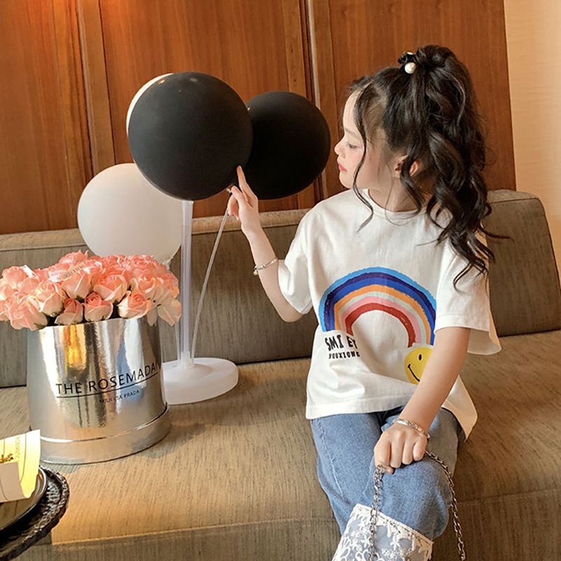 Áo Thun Cotton Ngắn Tay Dáng Rộng In Chữ Màu Cầu Vồng Dễ Thương Cho Bé Gái