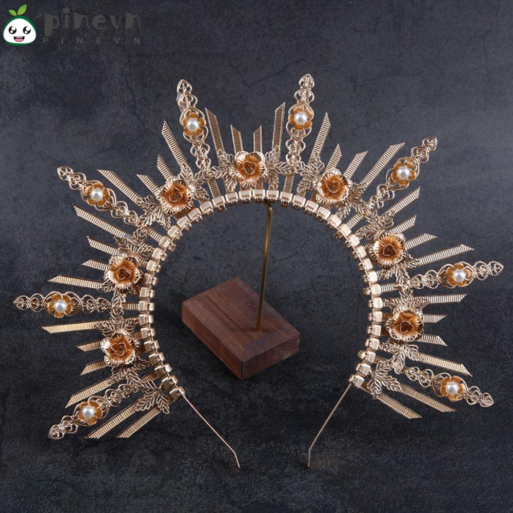 PINEVN Vương Miện Cài Tóc Cô Dâu Màu Vàng Thiết Kế Mới