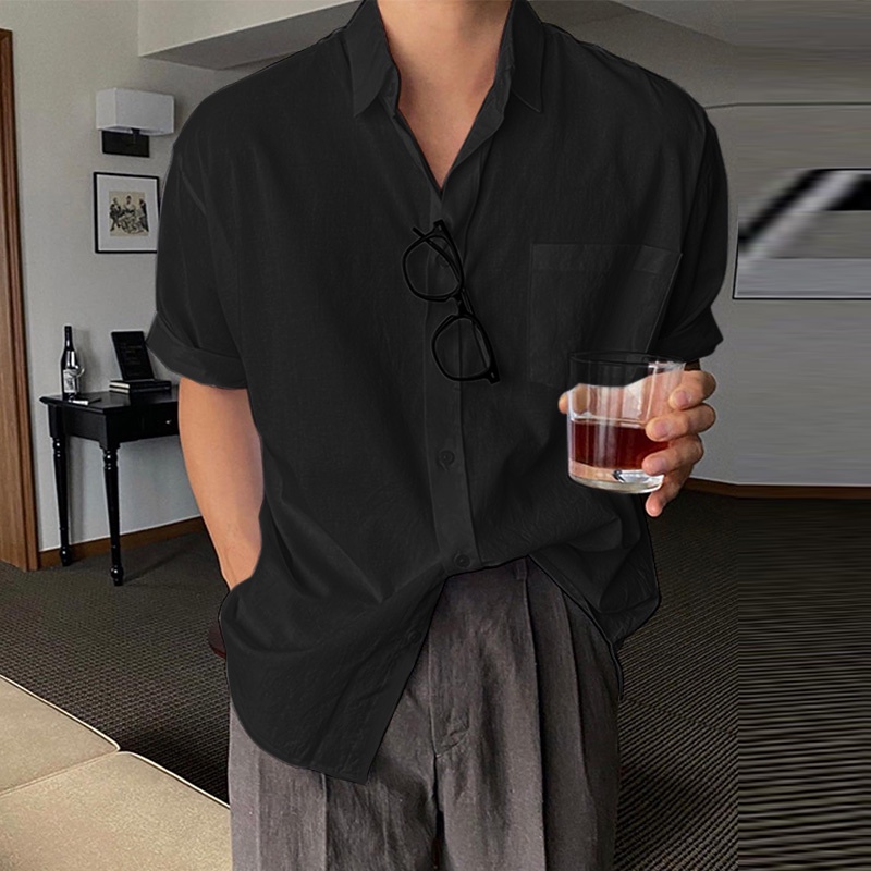 INCERUN Áo Sơ Mi Tay Ngắn Màu Trơn Thời Trang Trẻ Trung Cho Nam