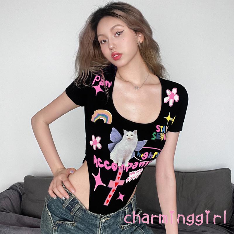Áo Liền Quần Ngắn Tay Hở Lưng Khoét Lỗ In Họa Tiết Hoạt Hình Cho Nữ
