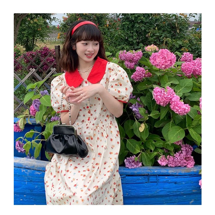 Dễ Thương Đầm midi Cài Nút Tay Phồng In Họa Tiết Hoa Thời Trang Mùa Hè Hàn Quốc Xinh Xắn Cho Nữ