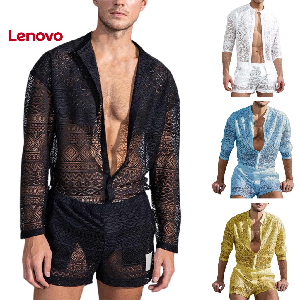 1 Bộ Áo Ren + Quần Short Màu Trơn Xuyên Thấu Thời Trang Mùa Thu Cho Nam