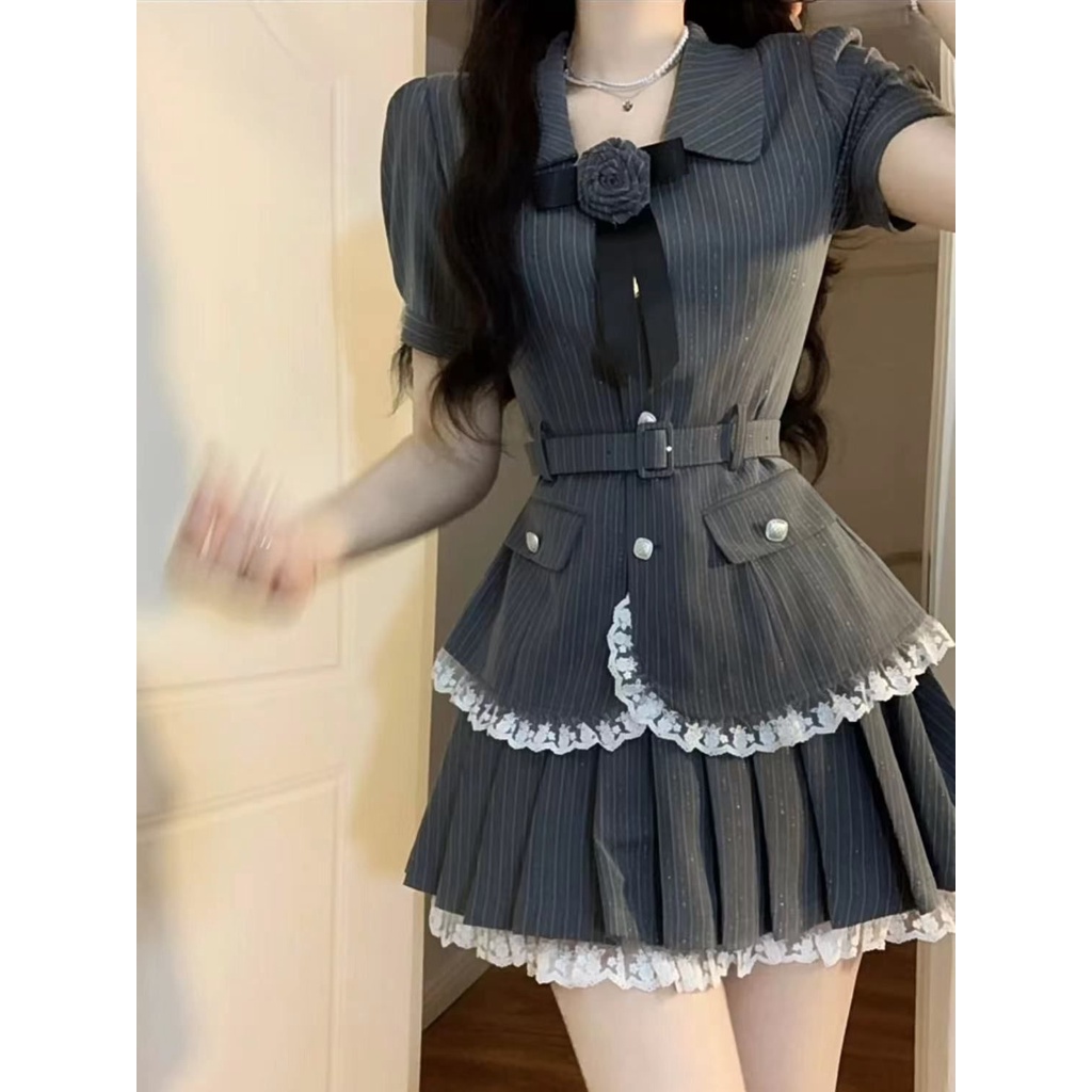 Set Áo Sơ Mi Tay Ngắn Kẻ Sọc Ôm Dáng + Chân Váy Ngắn Thời Trang Hè 2023 Cho Nữ