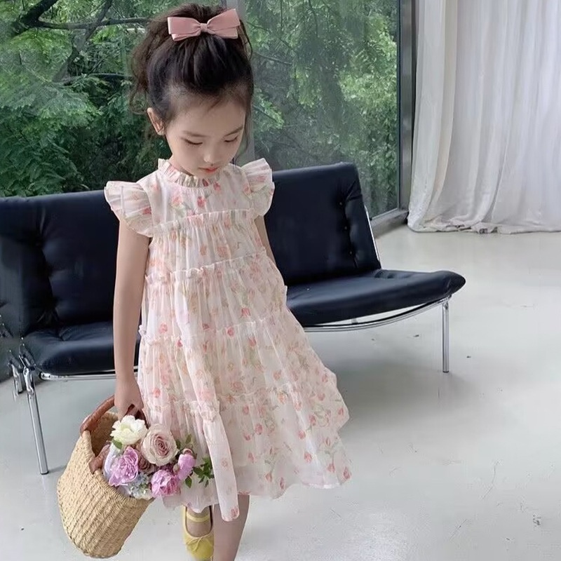 Đầm Hoa Cổ Ren Xếp Tầng Phong Cách Mới Mùa Hè Cho Bé Gái