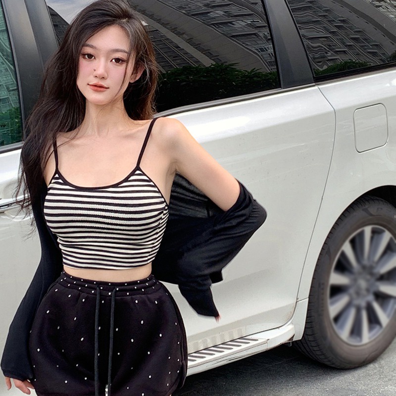 Áo Dệt Kim Hai Dây Hở Lưng Họa Tiết Kẻ Sọc Dành Cho Nữ