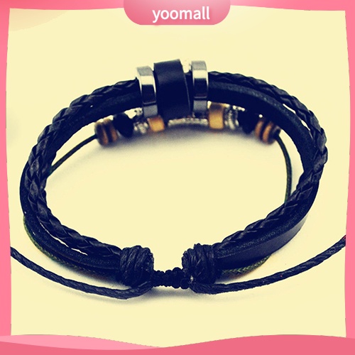 Vòng Tay Giả Da Nhiều Lớp Đính Hạt Và Mặt Hình Lá Có Thể Điều Chỉnh Kích Thước Unisex