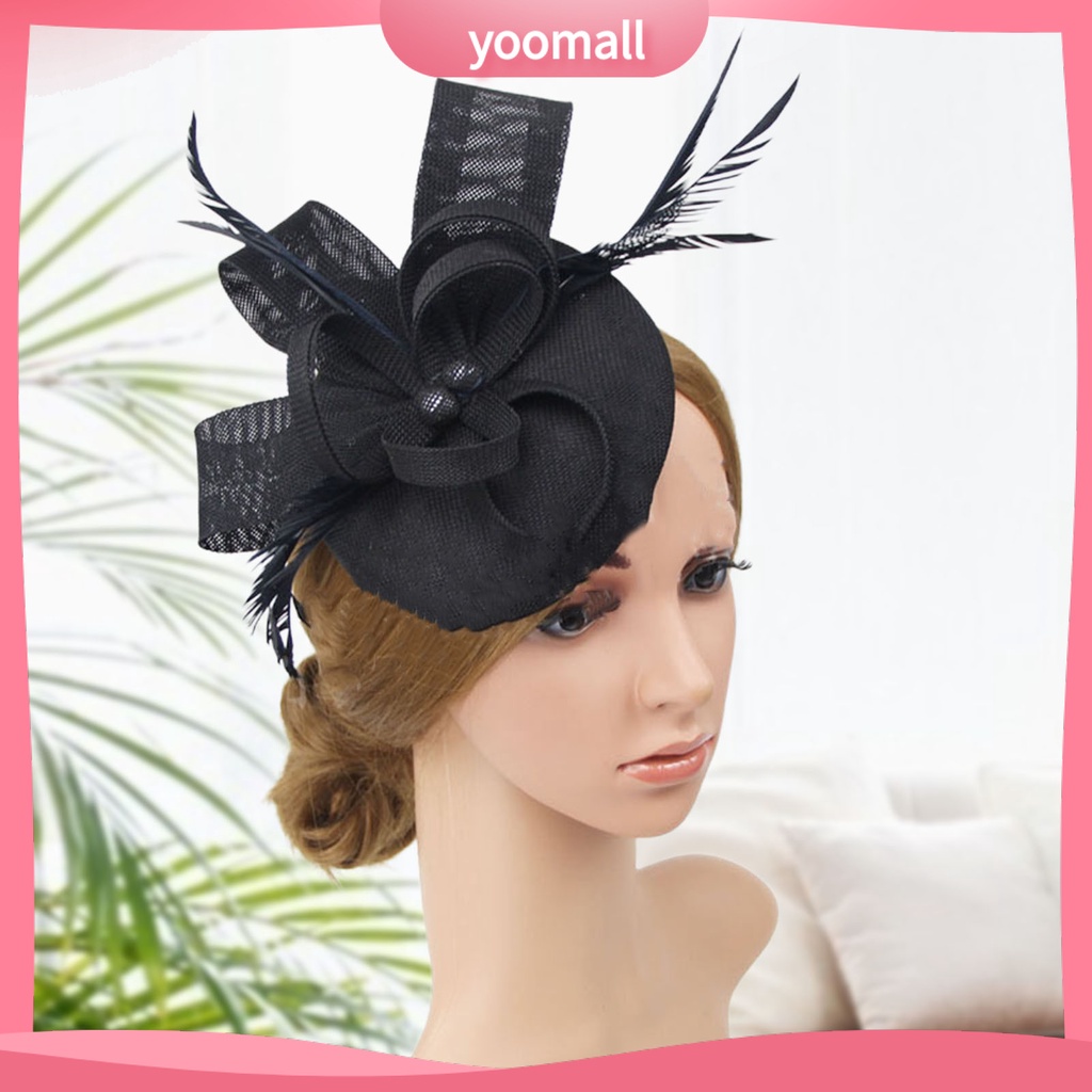 [YM] Mũ Beret Lưới Thắt Nơ Mini Đính Lông Vũ Giả