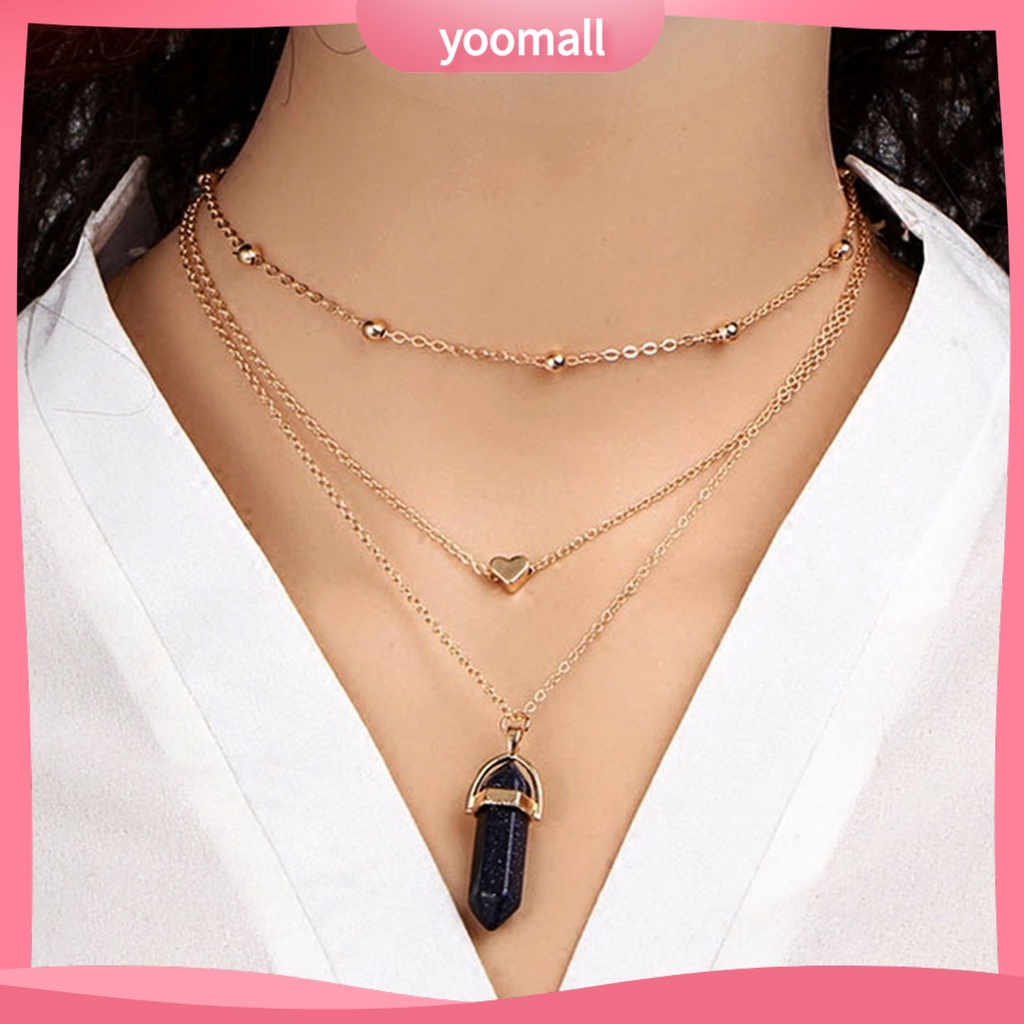 [YM] Vòng Cổ Choker 3 Lớp Đính Hạt Pha Lê Giả Hình Lục Giác / Trái Tim Phù Hợp Với Tất Cả Dành Cho Bạn