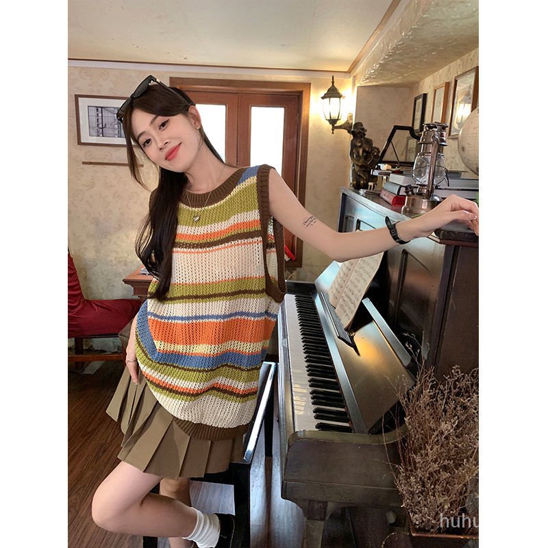 Áo Len Không Tay Họa Tiết Kẻ Sọc Màu Sắc Tương Phản Phong Cách Preppy Ngọt Ngào Cho Nữhuhu01.vn712