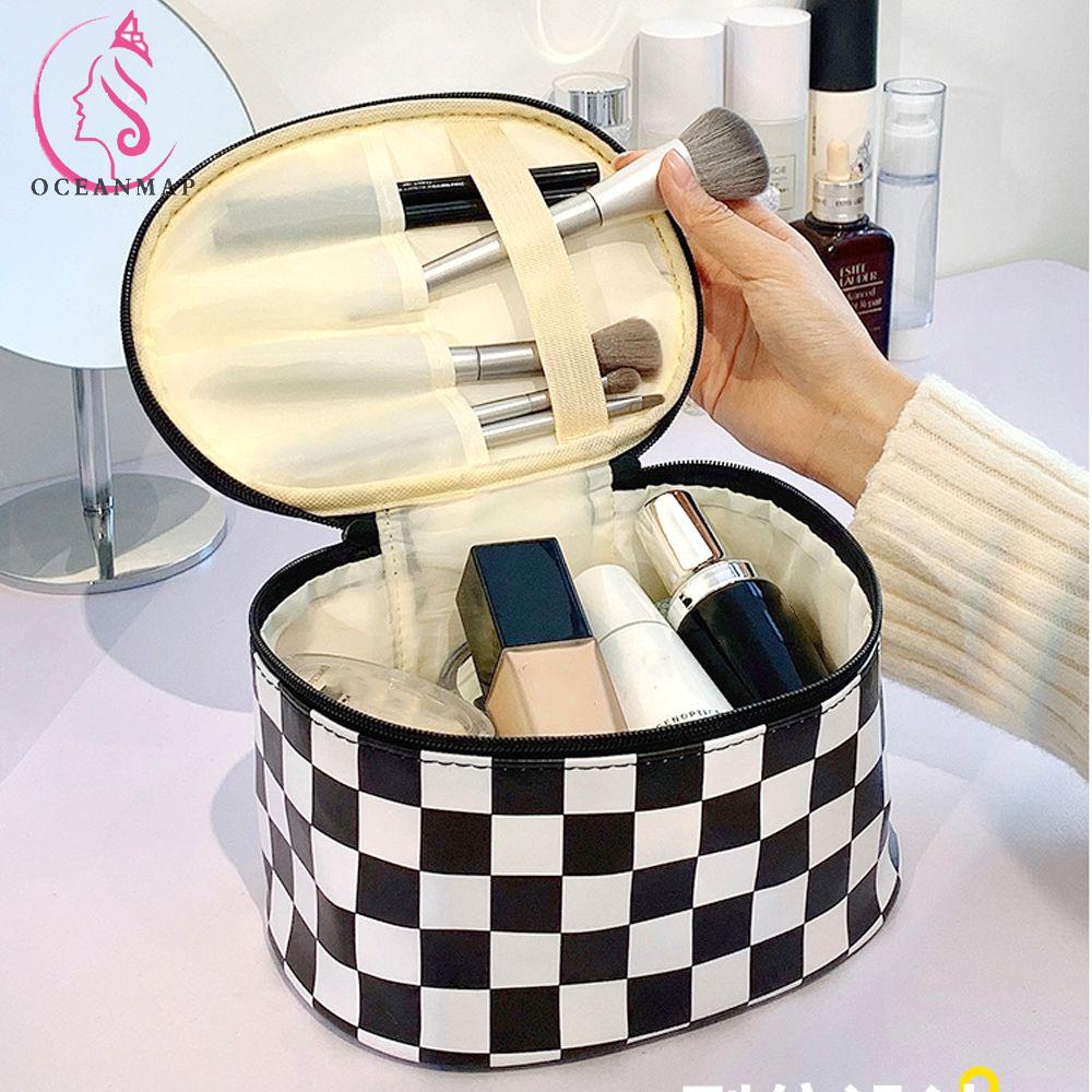 OCEANMAP Túi Đựng Mỹ Phẩm Đa Năng Bằng Da PU Họa Tiết Kẻ Sọc Đơn Giản Thanh Lịch Có Khóa Kéo Cho
