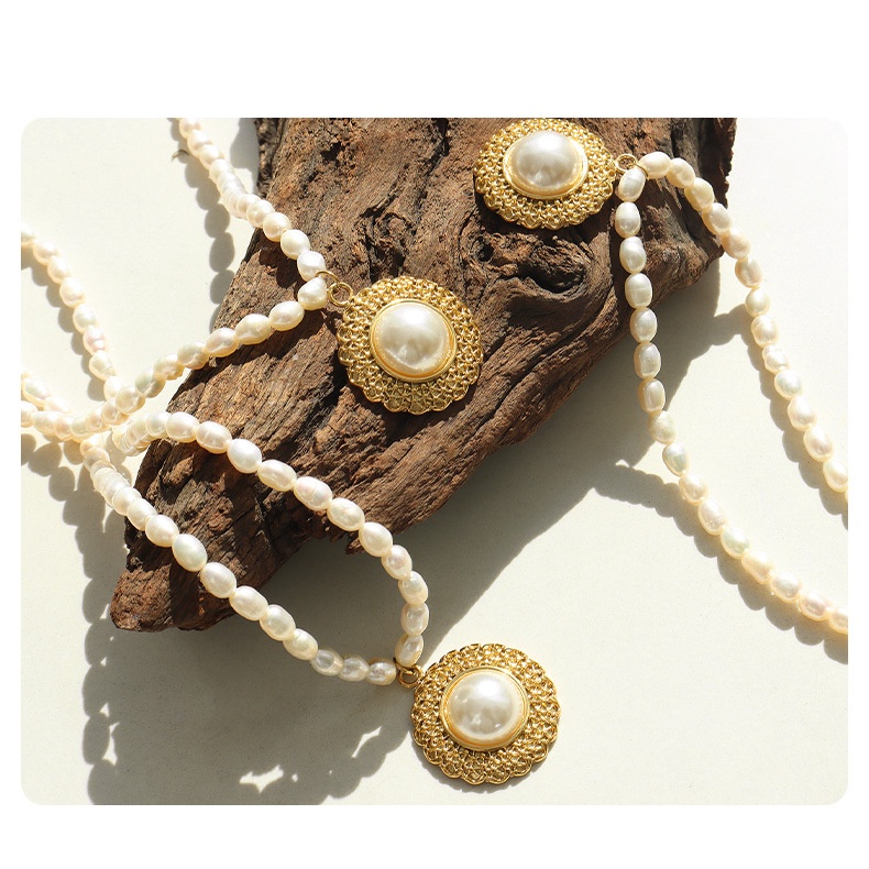 Vòng cổ Thép Titan Mạ Vàng Đính Ngọc Trai Giả Phong Cách Pháp Thanh Lịch Thời Trang