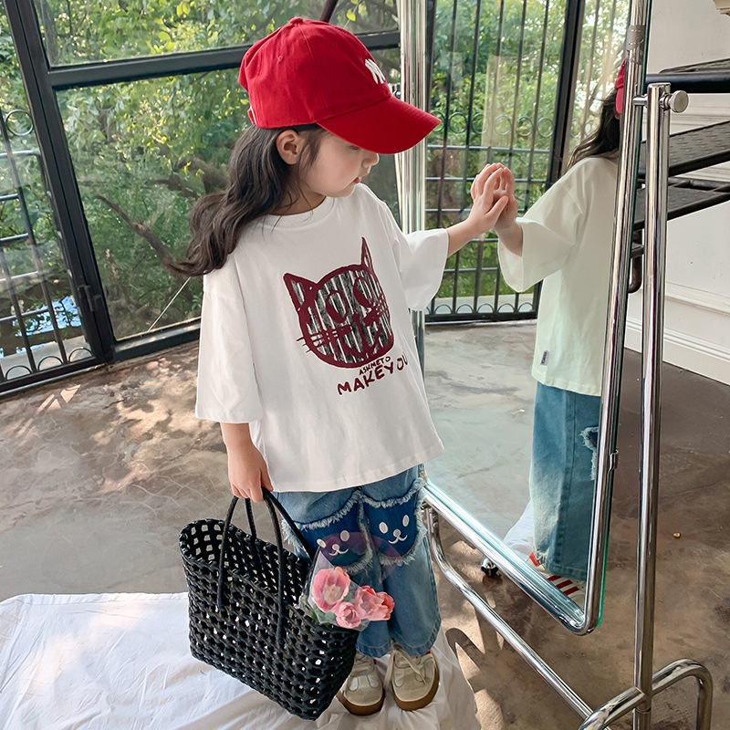 Áo Thun Cotton Màu Trắng Tay Ngắn Thời Trang Mùa Hè 2023 Mới Cho Bé Gái