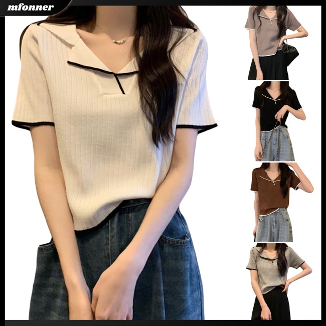 Áo Thun Dệt Kim Ngắn Tay Ôm Dáng Thanh Lịch Theo Phong Cách Mùa Hè Dành Cho Nữ