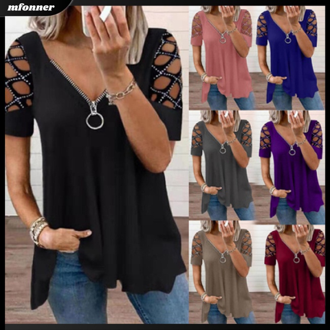 Áo Thun Tay Ngắn Cổ Chữ V Khoét Lỗ Màu Sắc Trơn Thời Trang Mùa Hè Cho Nữ