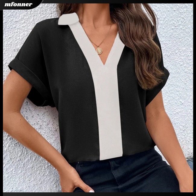 Áo Sơ Mi Tay Ngắn Cổ Chữ V Dáng Rộng Màu Tương Phản Thoáng Khí Thời Trang Cho Nữ