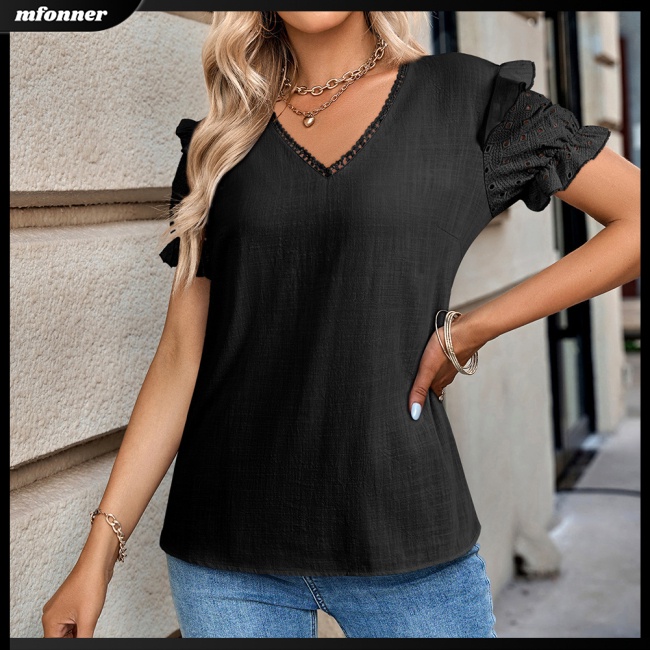 Áo Kiểu Tay Phồng Ngắn Cổ Chữ V Màu Sắc Đơn Giản Thanh Lịch Dành Cho Nữ