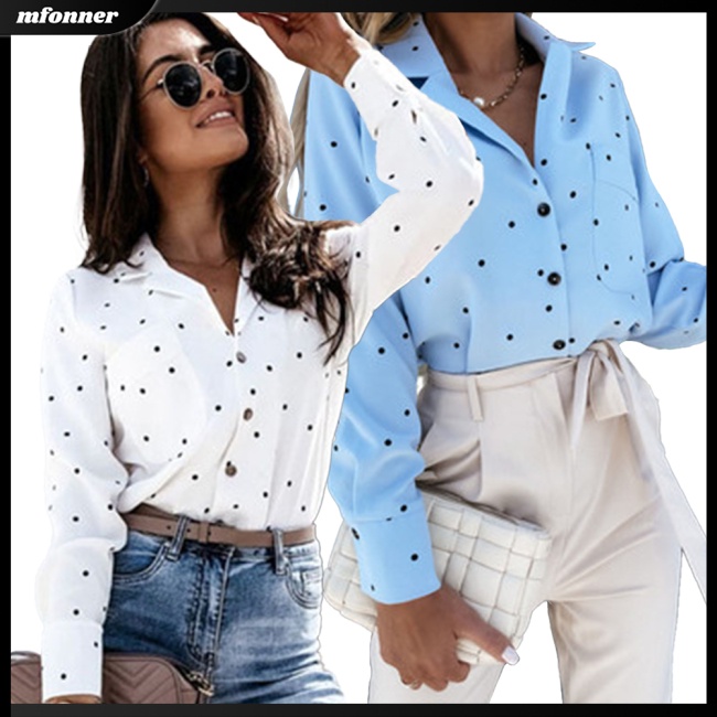 Áo Sơ Mi Tay Dài Họa Tiết Chấm Bi Có Túi Cho Nữ