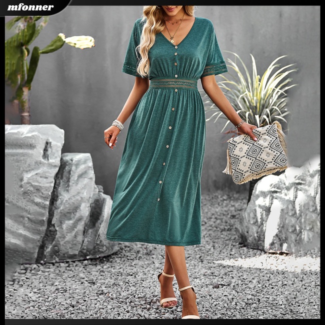 Đầm Midi Tay Ngắn Cổ Chữ V Màu Sắc Thanh Lịch Dành Cho Nữ