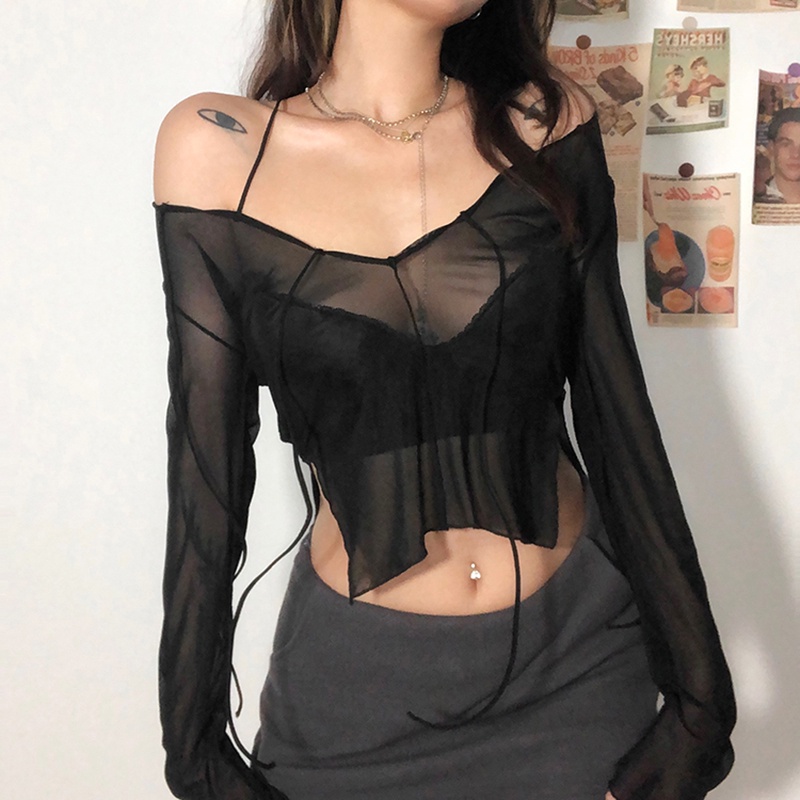 Áo lưới ren mỏng phong cách y2k thời trang cho nữ MS611