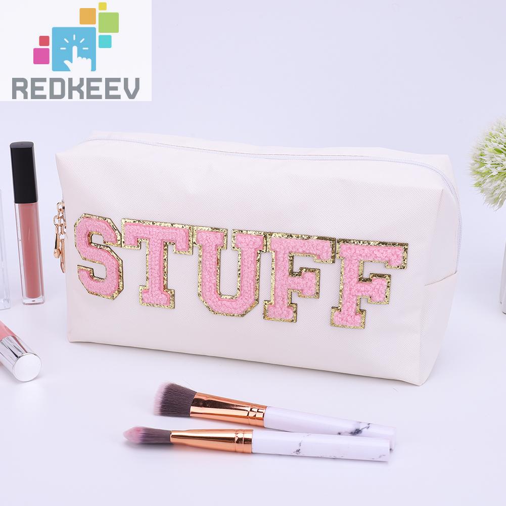 Túi Đựng Mỹ Phẩm Da PU Đa Năng Có Khóa Kéo In Chữ Thời Trang Cho Nữ