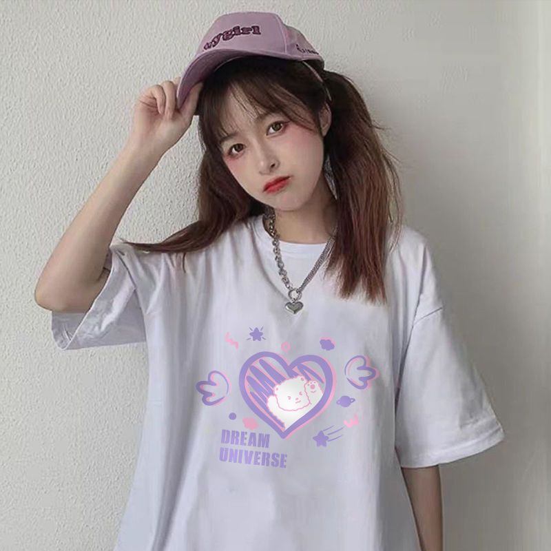 Áo Thun Tay Ngắn Dáng Rộng Màu Đen In Hình Trái Tim Thời Trang Mùa Hè Xinh Xắn Cho Nữ