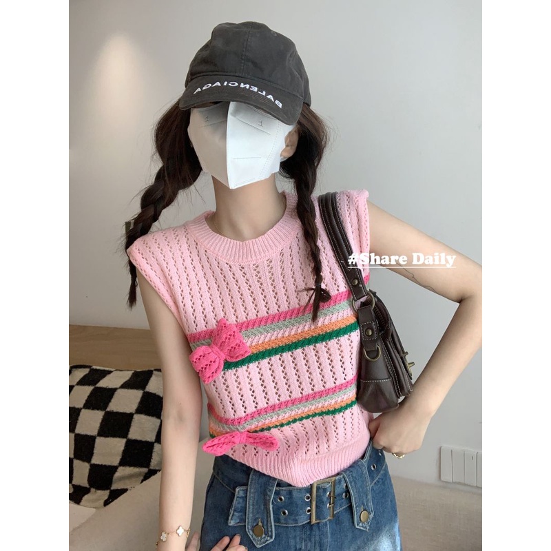 Áo Tank Top Dệt Kim Sát Nách Đính Nơ Độc Đáo Thời Trang Mùa Hè Cho Nữ