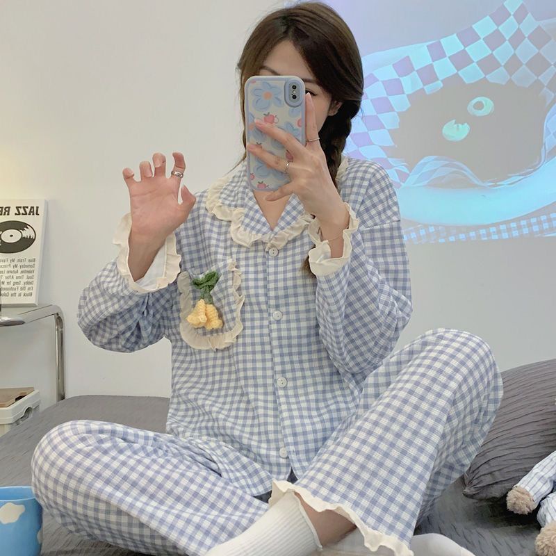 Bộ Đồ Ngủ Tay Dài Nhún Bèo Họa Tiết Caro Dễ Thương Thời Trang Xuân Thu Cho Nữ