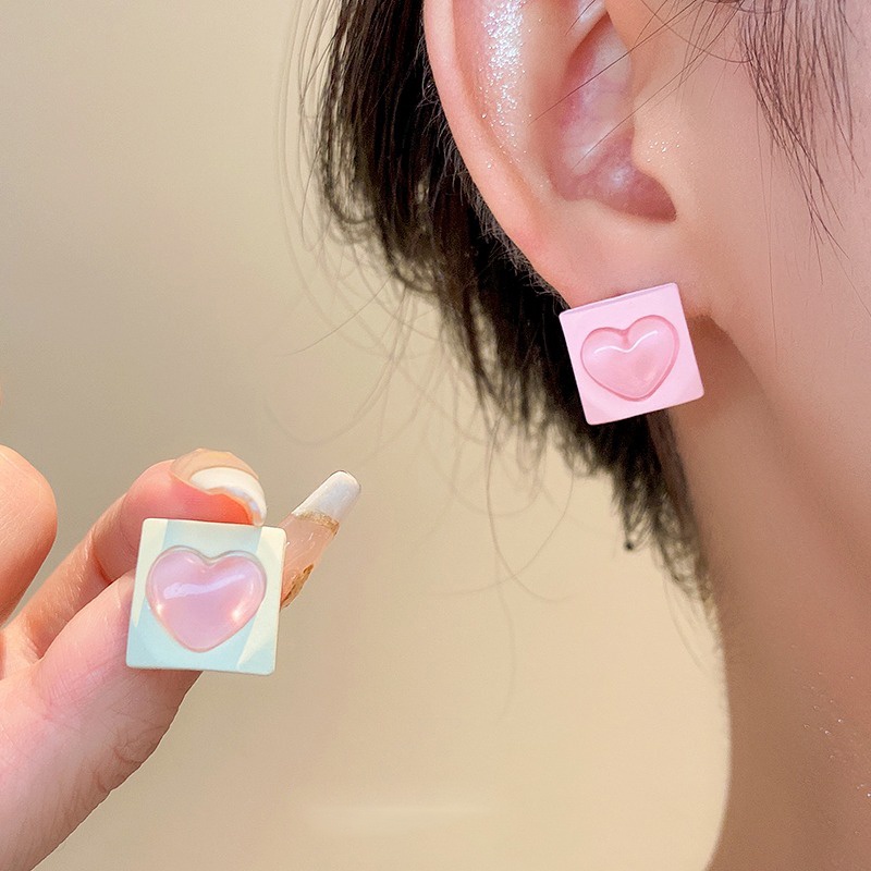 Bông Tai Dạng Kẹp Hình Trái Tim Màu Hồng Y2K Bằng Acrylic Làm Quà Tặng Sinh Nhật Cho