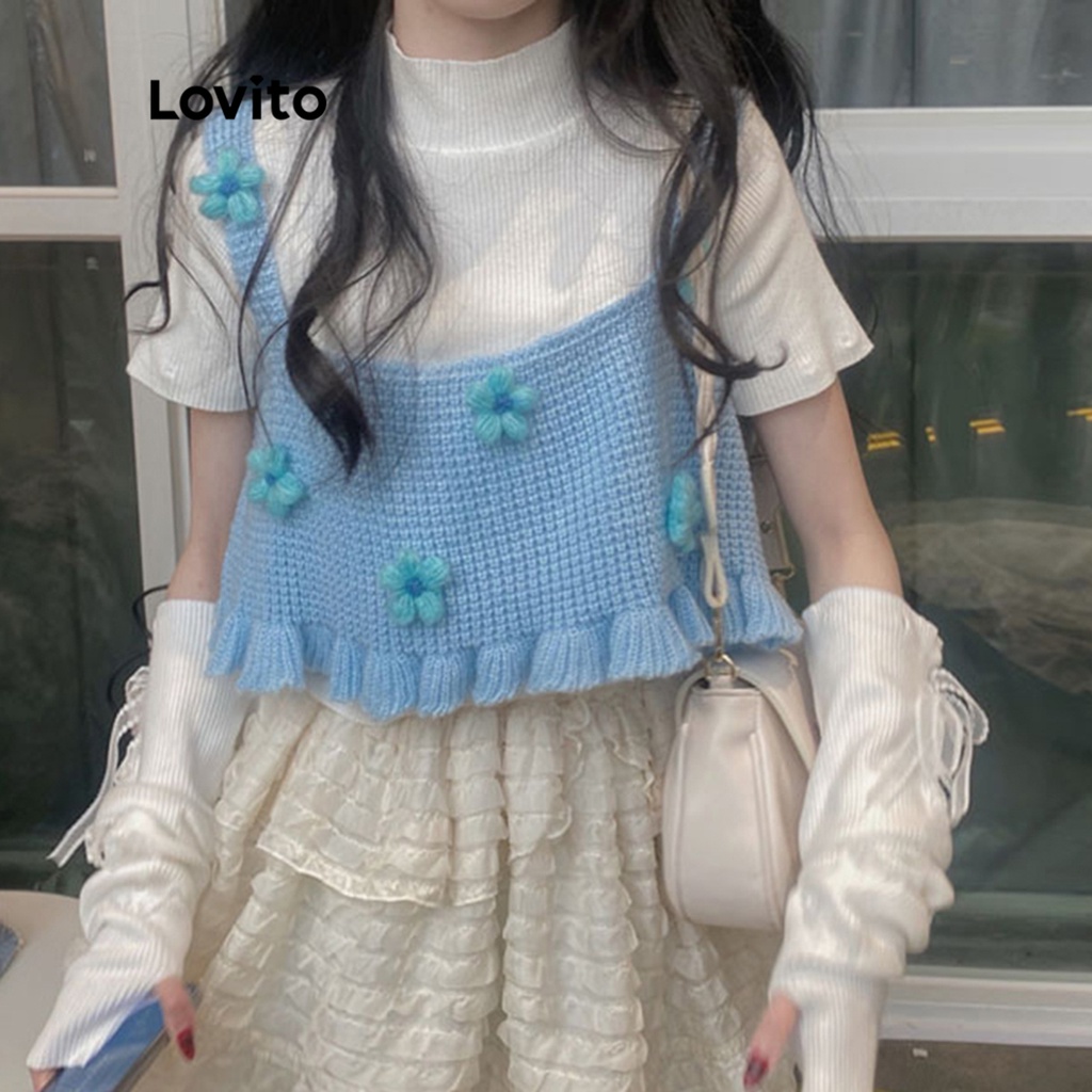 Lovito Áo đan dây không tay có hoa xếp nếp trơn dễ thương cho nữ LNE15087 (Màu xanh da trời)